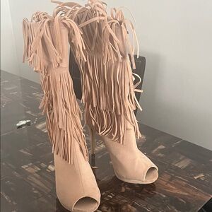 Fringe Tan Peep-Toe Women's Boots